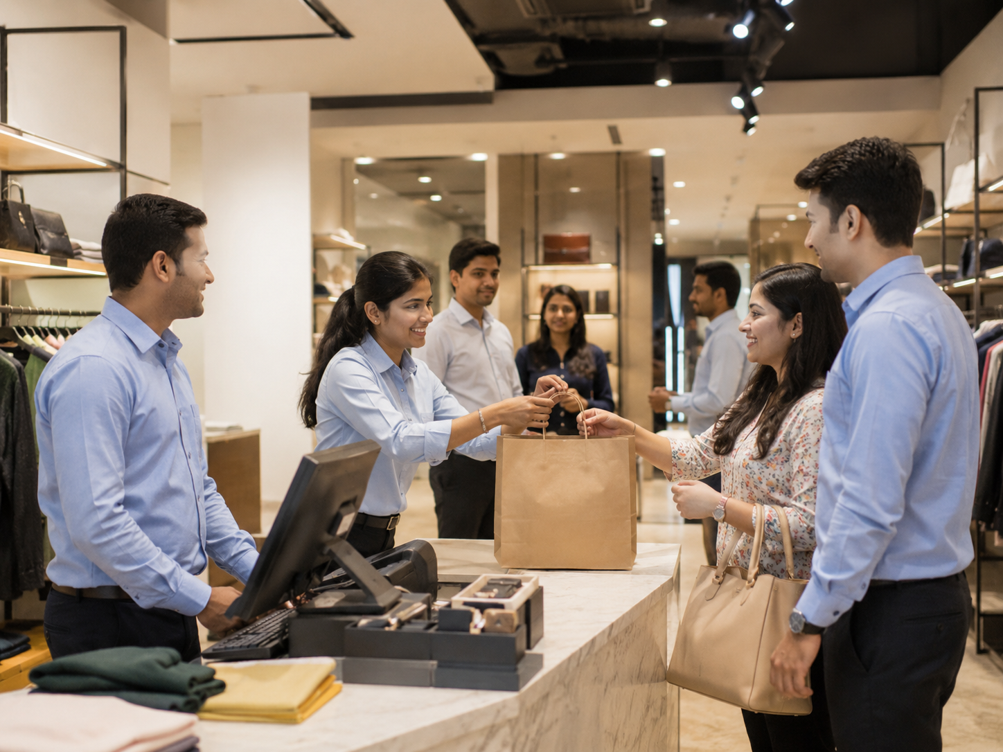 Indian retail store staff assisting customers at a checkout counter in a distributed store network