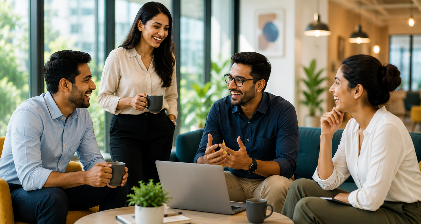 An India HR team talking through their employee wellness benefits over coffee