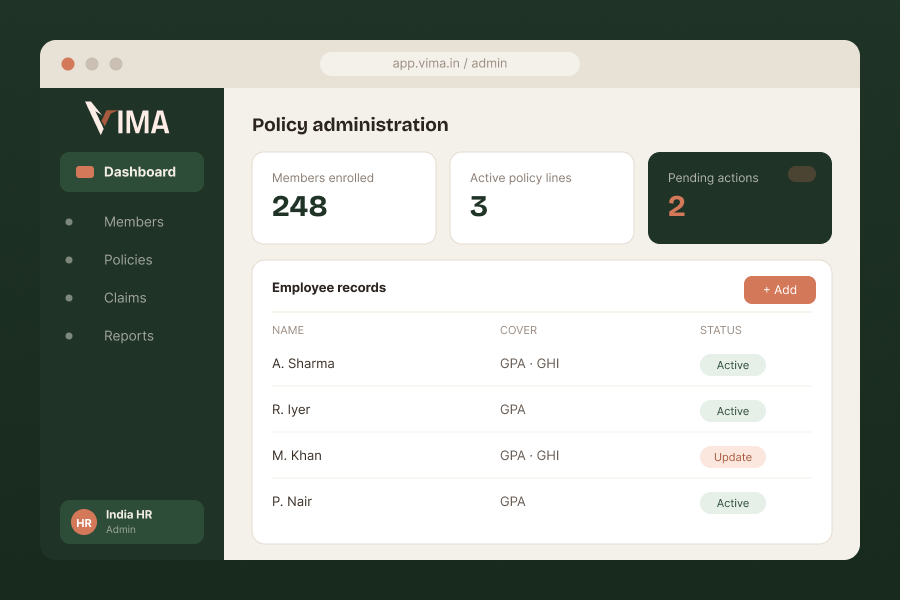 VIMA policy administration dashboard