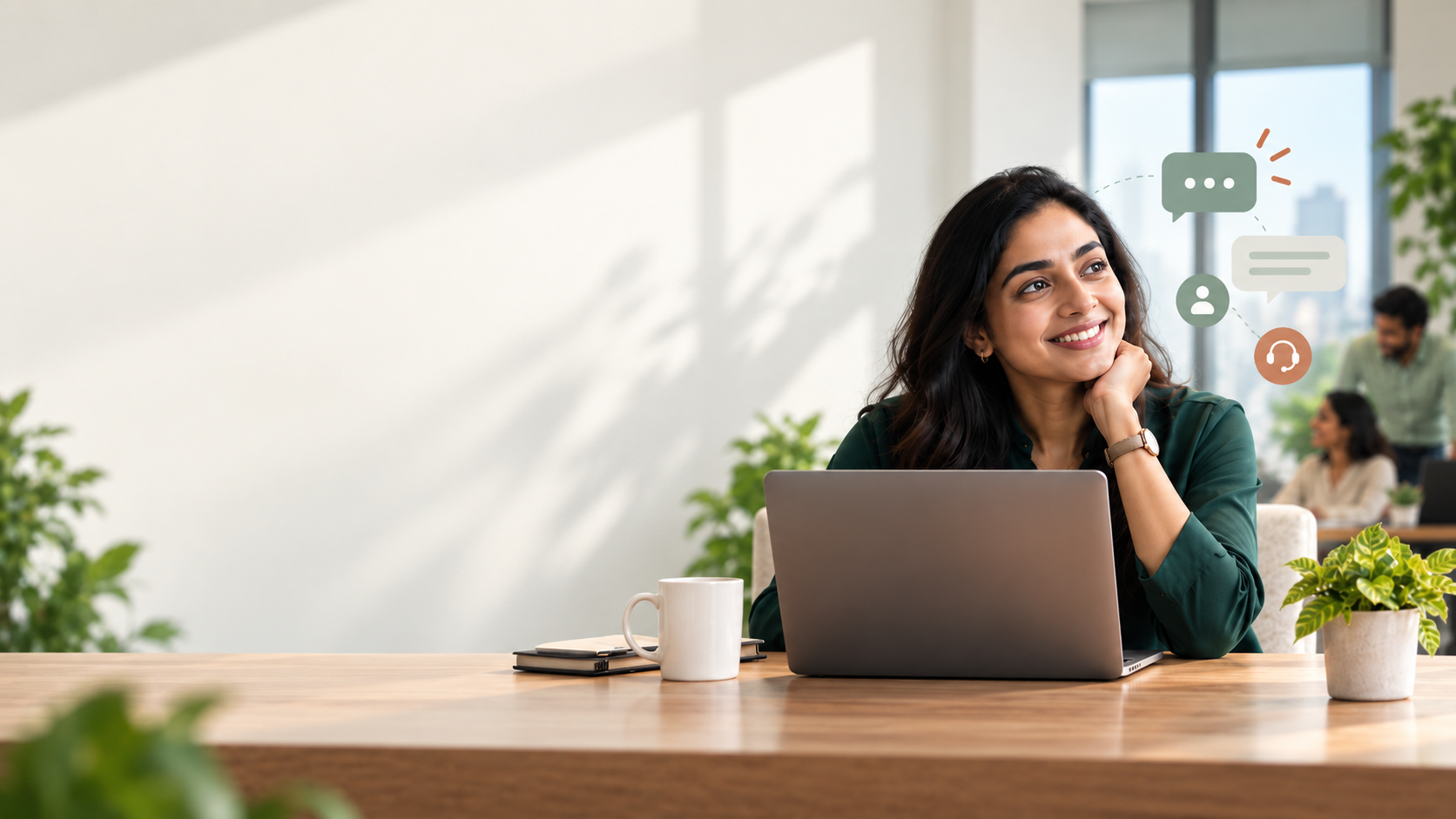 HR manager at her desk reviewing employee benefits questions with support icons alongside