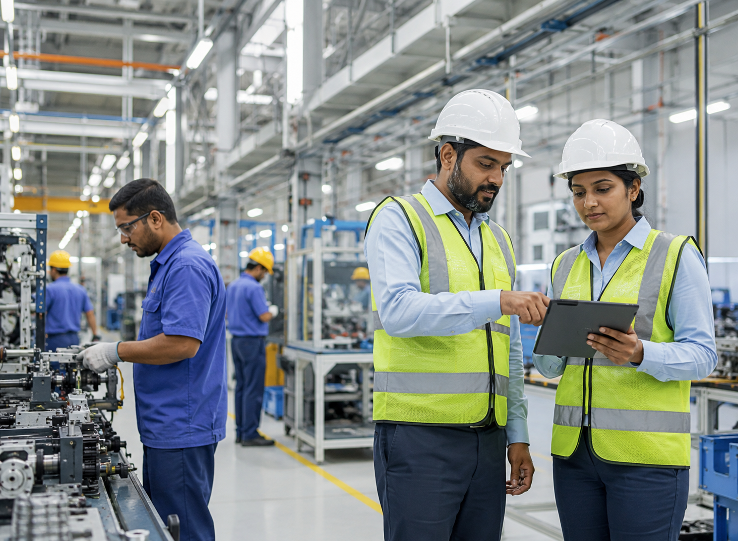 Indian manufacturing workers and supervisors in safety vests and hard hats on a multi-plant factory floor