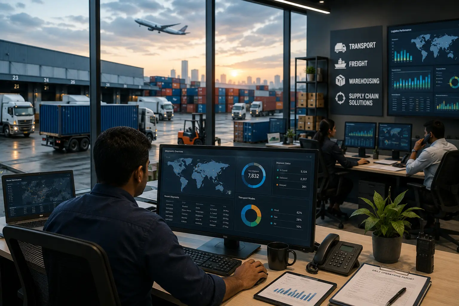 Logistics team member tracking shipment dashboards at a workstation with trucks and containers outside the hub office