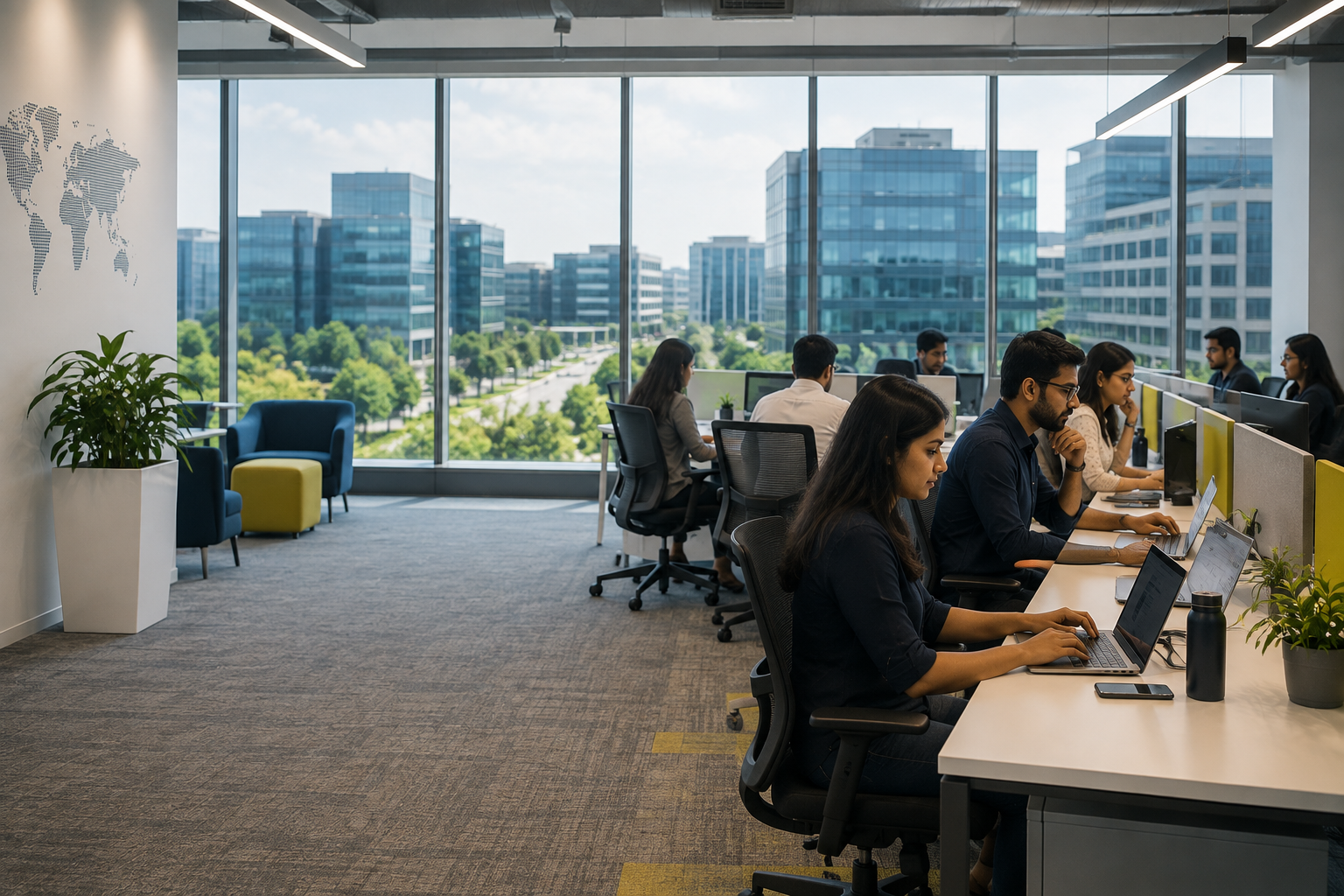 HR and operations employees working at desks in a Bengaluru Global Capability Center office with city-facing windows