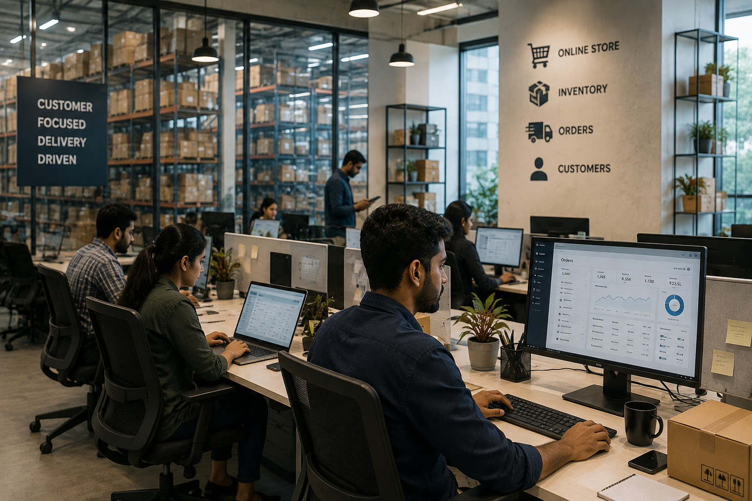 E-commerce operations team reviewing an orders dashboard beside warehouse shelving and shipping boxes