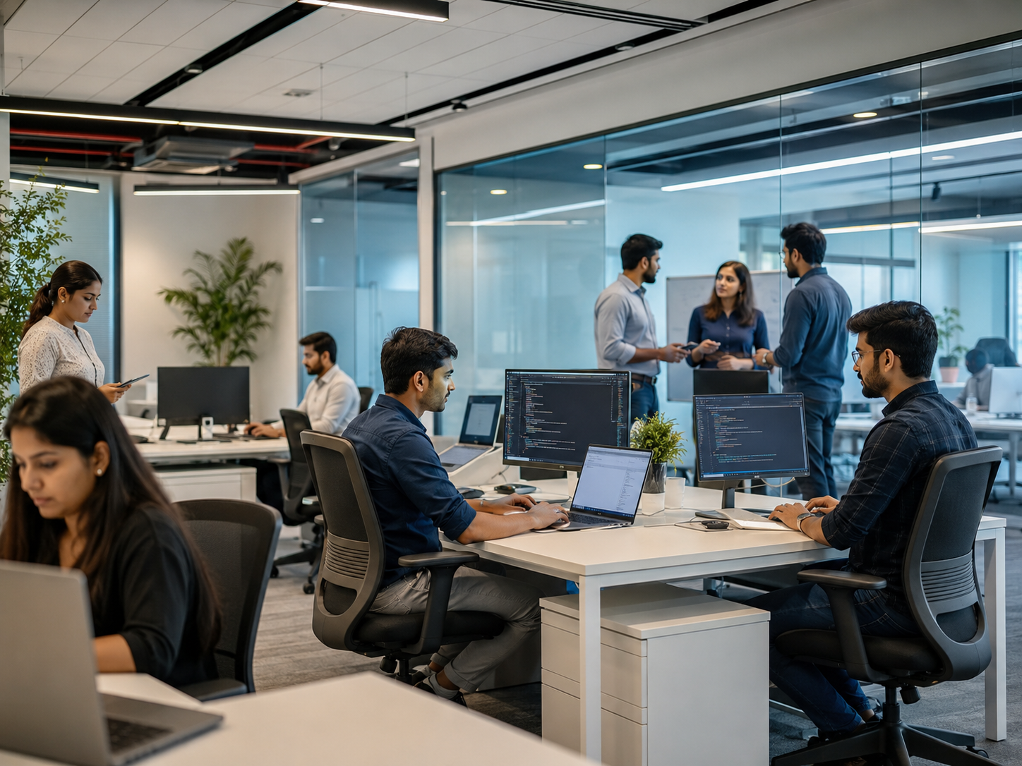 Indian software engineers working at computers in a glass-walled IT services office