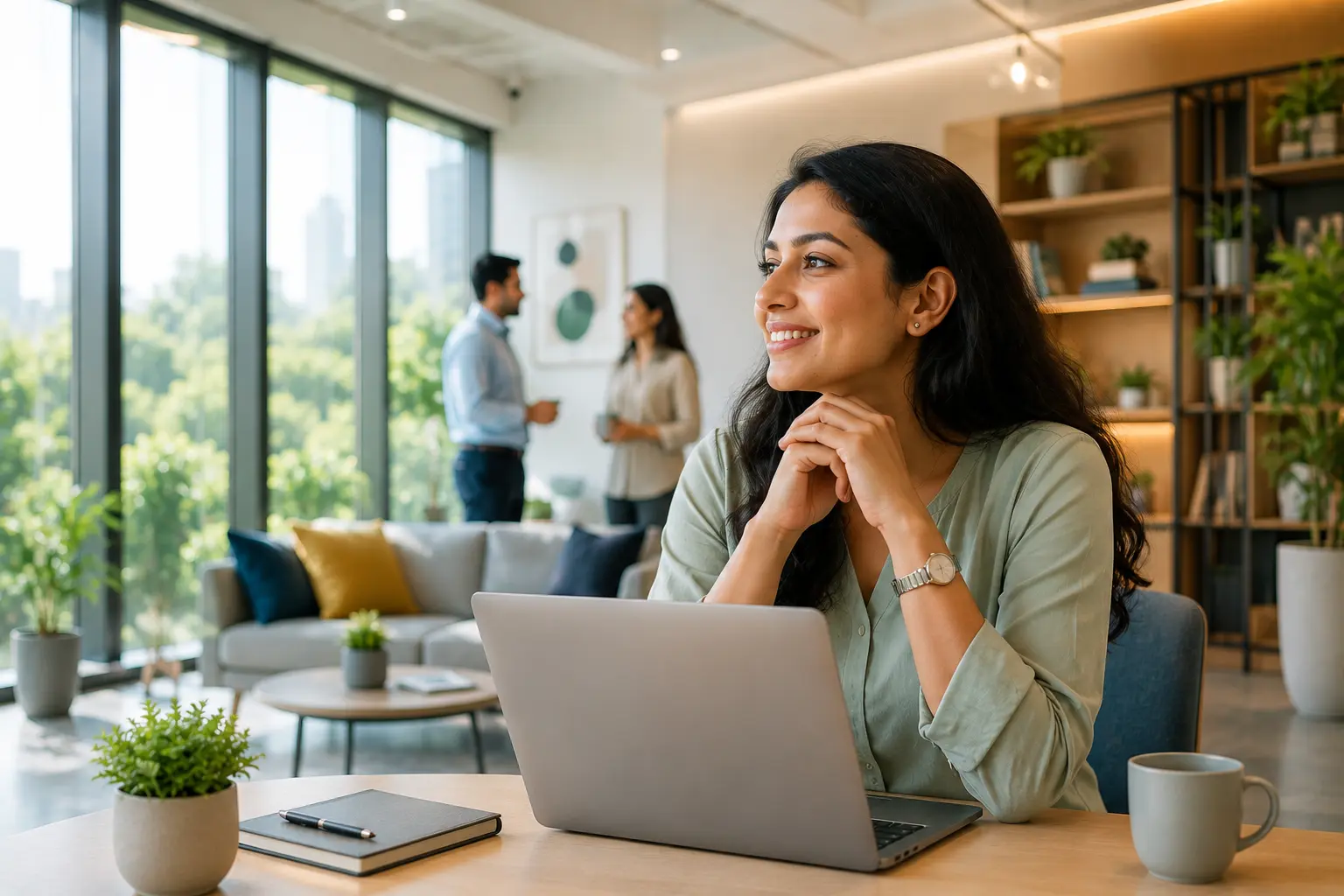 An employee taking a calm, reflective moment at her desk during the workday