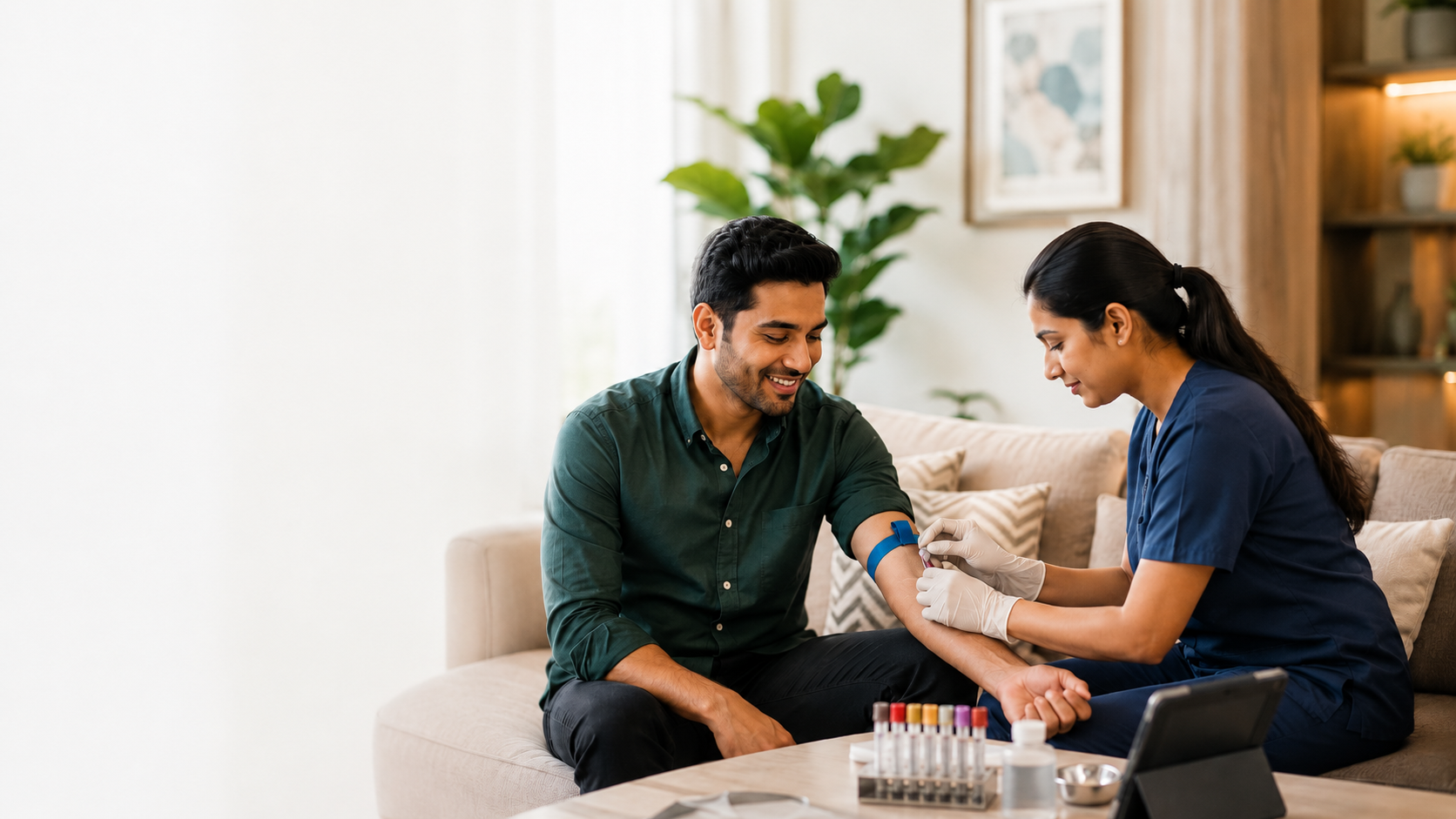 A healthcare professional taking an at-home blood sample from an employee for a preventive health screening