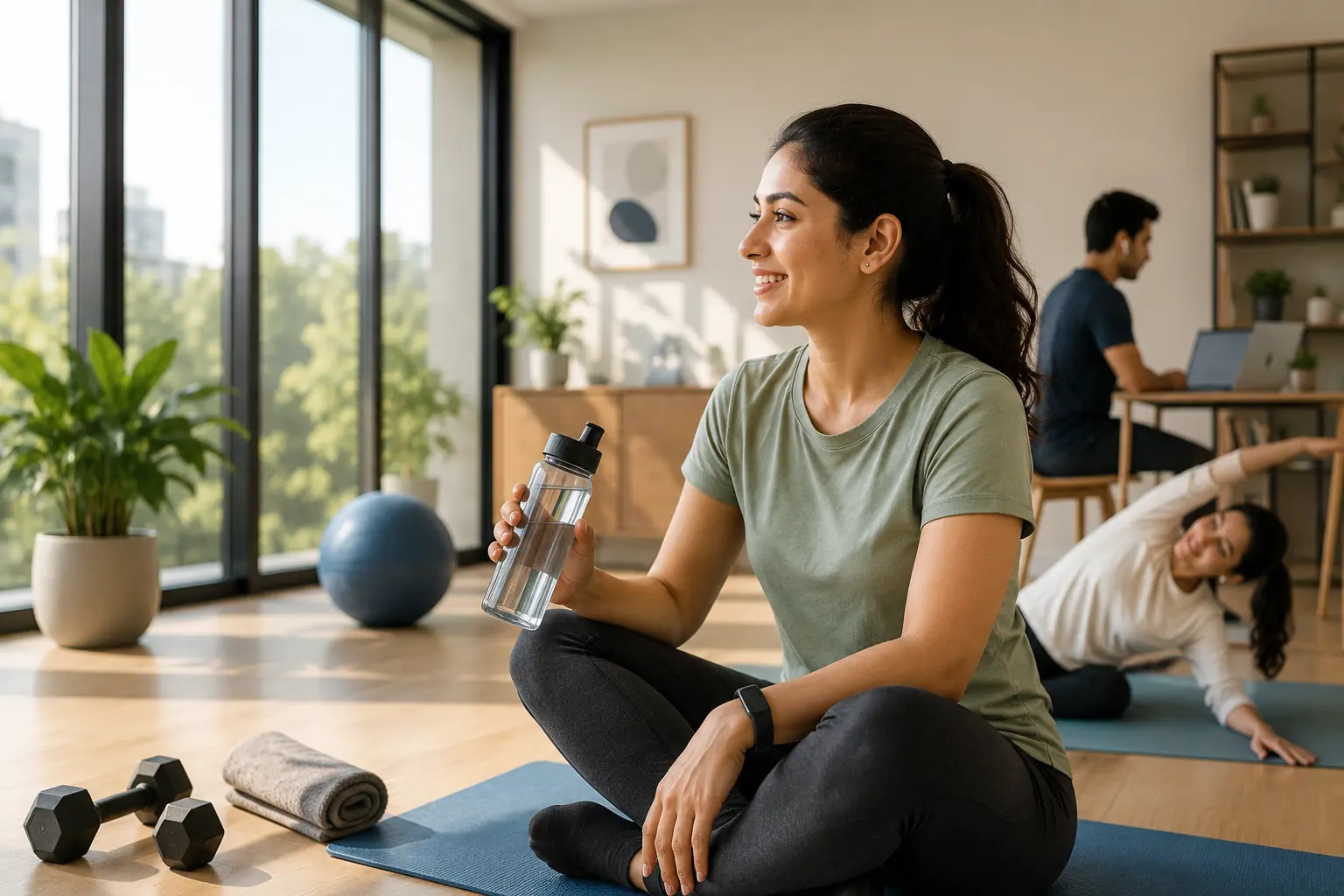 An employee hydrating during an at-home fitness and wellness session