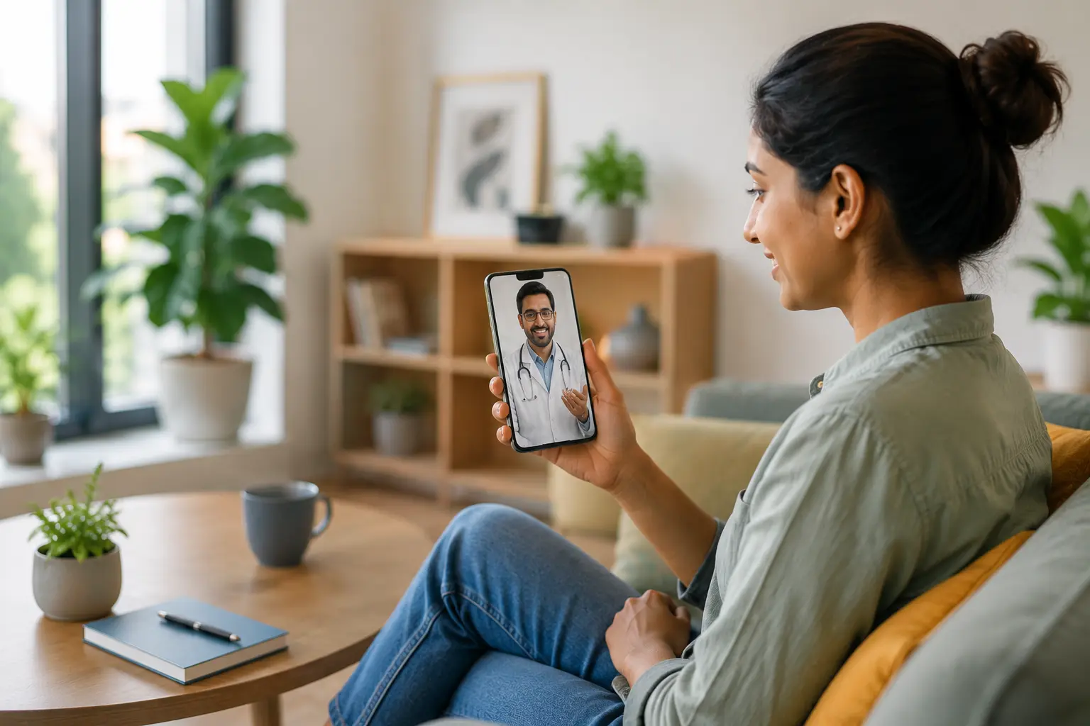 An employee having a telehealth video consultation with a doctor from home