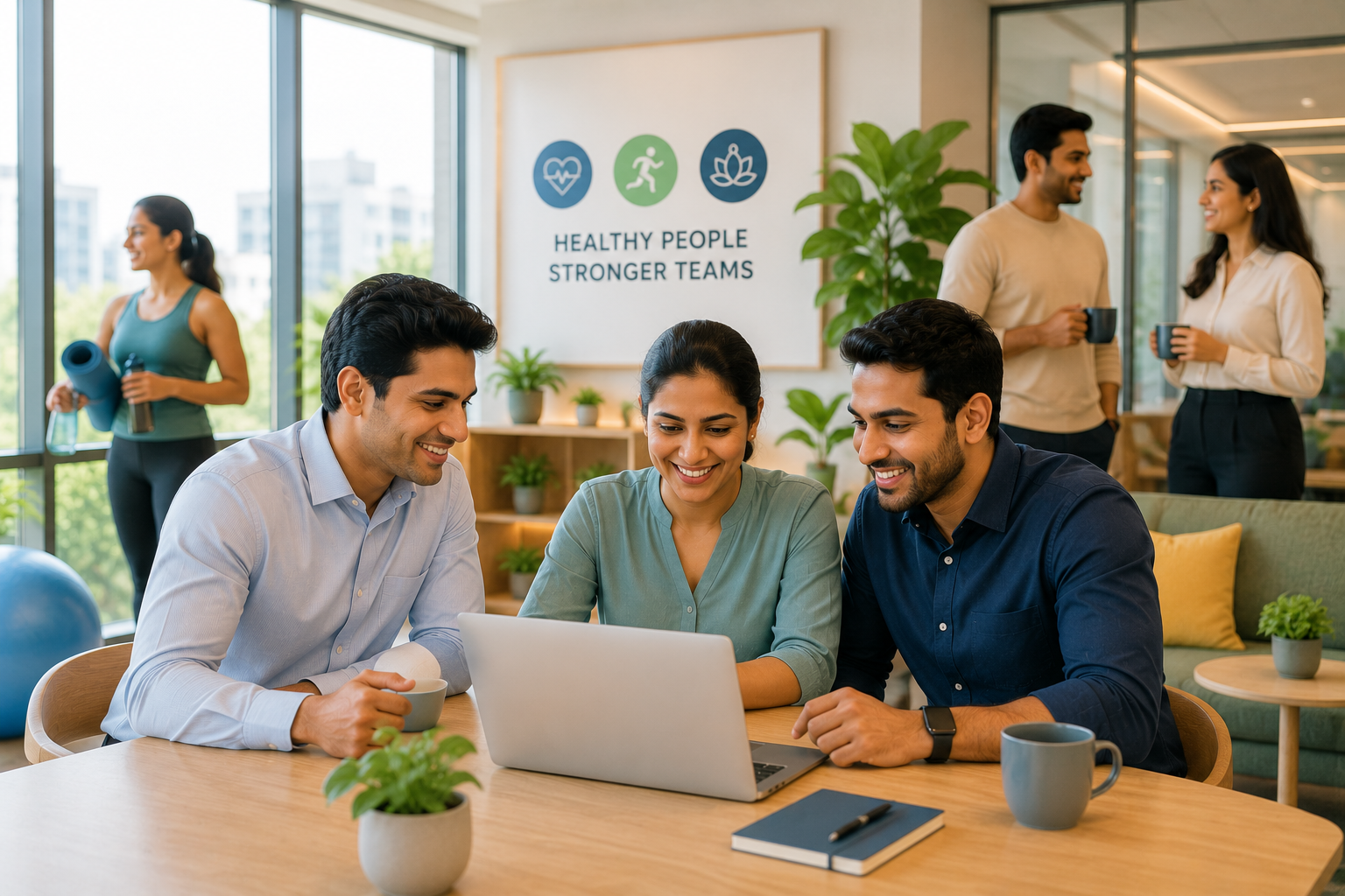 An India HR team reviewing employee wellness benefits together at a laptop