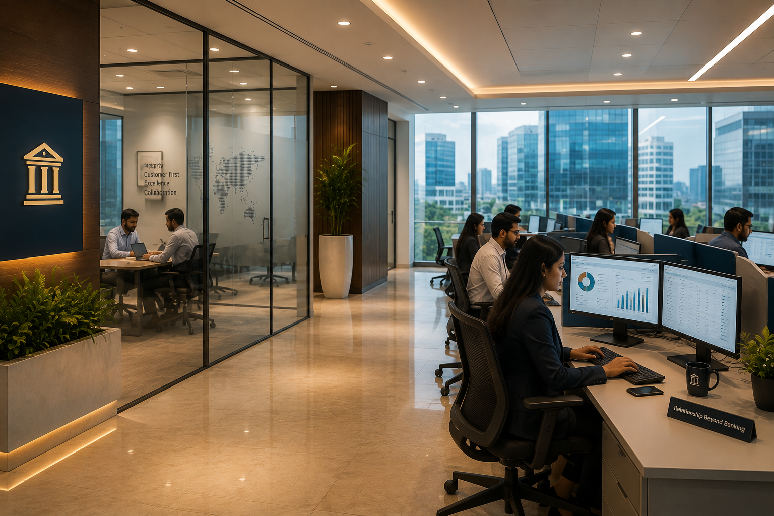 Banking and financial services employees working at dual-monitor workstations in a multi-branch BFSI operations office